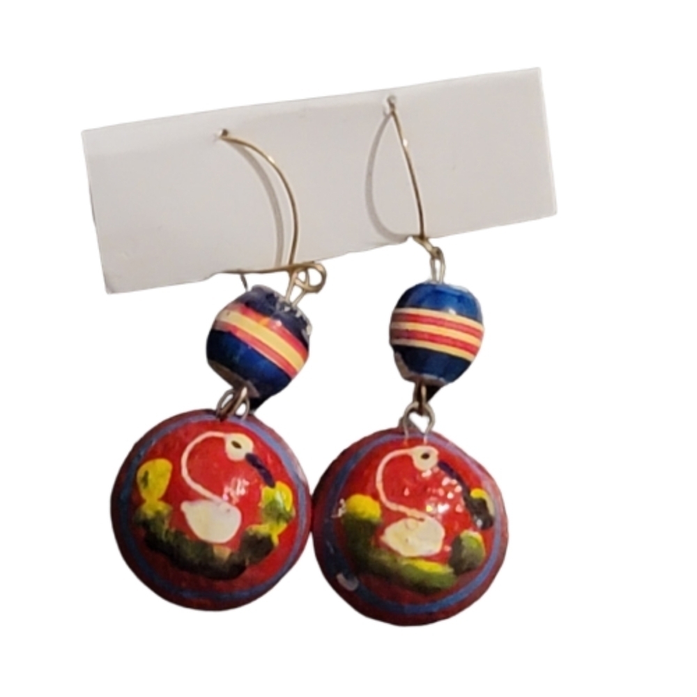 Coconut bowl earrings hand painted swan red white blue flower on inside